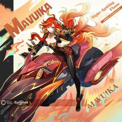  ahoge biker_clothes black_bikesuit black_gloves bodysuit breasts cleavage earrings female genshin_impact gloves jewelry long_hair long_sleeves looking_at_viewer mavuika_(genshin_impact) motor_vehicle motorcycle multicolored_hair official_art on_motorcycle orange_eyes orange_hair red_hair smile solo two-tone_hair very_long_hair 