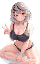  absurdres aoi_zerii bare_shoulders barefoot black_hair black_panties black_sports_bra blush braid breasts cleavage collarbone commentary female fingernails grey_hair grin hair_ornament hairclip hand_on_own_leg highres hololive huge_breasts legs looking_at_viewer medium_hair multicolored_hair nail_polish navel panties pink_nails red_eyes sakamata_chloe shiny_skin simple_background sitting smile solo sports_bra stomach sweat teeth thighs two-tone_hair underwear v virtual_youtuber white_background 