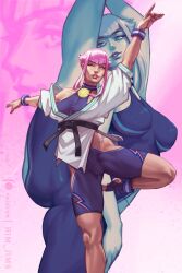  artist_name blue_eyes blue_socks breasts dougi female highres hip_vent large_breasts long_sidelocks manon_legrand martial_arts_belt medallion multiple_views patreon_logo patreon_username pink_hair rim_jims short_hair_with_long_locks sidelocks socks split standing standing_on_one_leg standing_split stirrup_footwear street_fighter street_fighter_6 