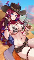  absurdres animal_print bare_shoulders belt belt_pouch bikini black_hat blue_eyes blurry blurry_background bracelet braid breasts brown_belt brown_gloves chasca_(genshin_impact) closed_mouth cow_print cow_print_bikini earrings elf female fingerless_gloves foxyreine from_side genshin_impact gloves hat highres jewelry large_breasts leaning_back long_hair looking_at_viewer loose_belt mole mole_on_shoulder multicolored_hair navel outdoors pink_lips pointy_ears pouch print_bikini purple_hair red_scarf scarf single_earring sitting stomach swimsuit thick_thighs thighs 