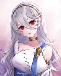  absurdres arms_behind_back breasts collarbone commentary_request corrin_(female)_(adrift)_(fire_emblem) corrin_(female)_(fire_emblem) corrin_(fire_emblem) female fire_emblem fire_emblem_fates fire_emblem_heroes grey_hair hair_between_eyes head_tilt highres large_breasts long_hair looking_at_viewer official_alternate_costume red_eyes serayuya solo upper_body 