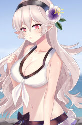  arm_up bikini black_hairband blue_sky breasts collarbone commentary_request corrin_(female)_(fire_emblem) corrin_(female)_(novice_vacationer)_(fire_emblem) corrin_(fire_emblem) double-parted_bangs female fire_emblem fire_emblem_fates fire_emblem_heroes grey_hair hair_between_eyes hairband highres large_breasts long_hair n_54 navel official_alternate_costume outdoors red_eyes sky solo swimsuit white_bikini 