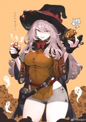  absurdres breasts brown_shorts female fingerless_gloves ghost gloves hat highres jun_(navigavi) light_brown_hair long_eyelashes long_hair looking_at_viewer original short_shorts shorts smile solo standing translated weibo_logo weibo_watermark witch witch_hat yellow_eyes 