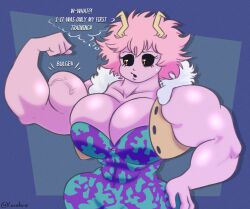  2_horns abs ashido_mina big_breasts black_eyebrows black_sclera bodily_fluids breasts cleavage cleavage_overflow clothed clothing english_text eyebrows female fist flexing hair hi_res horn horned_humanoid humanoid lerntern messy_hair muscular muscular_arms muscular_female my_hero_academia orange_eyes pink_hair pupils short_hair solo sweat sweatdrop text thought_bubble vein wide_hips yellow_horn 