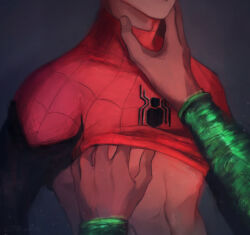  2boys abs animal_print bara black_background close-up cute-electrocute english_commentary green_sleeves hand_around_neck hand_on_another&#039;s_chest highres male_focus marvel multiple_boys mysterio signature simple_background spider-man spider-man_(series) spider_print superhero_costume yaoi 