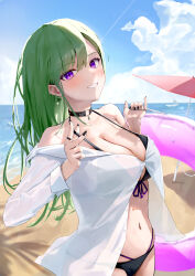  absurdres beach bikini bikini_visible_through_clothes black_bikini breasts cleavage cowboy_shot female front-tie_top green_hair highres holding holding_swim_ring large_breasts long_hair muchi2p ocean parasol purple_eyes sand see-through see-through_shirt shirt solo swim_ring swimsuit umbrella virtual_youtuber vspo! white_shirt yakumo_beni 