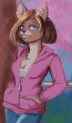  2024 anthro bent_arm black_nose blue_bottomwear blue_clothing blue_eyes blue_pants bottomwear bra breasts brown-hair brown_body brown_claws brown_fur brown_inner_ear_fluff chest_tuft claws cleavage clothed clothed_anthro clothed_female clothing colored digital_media_(artwork) digital_painting_(artwork) domestic_cat eyelashes felid feline felis female finger_claws fur hands_in_both_pockets hoodie inner_ear_fluff mammal medium_hair multicolored_body multicolored_fur outside pants pink_clothing pink_hoodie pink_inner_ear pink_topwear plant portrait railing releasethebuns shaded sky smile solo standing tan_body tan_fur thin_eyebrows three-quarter_portrait topwear tree tuft two_tone_body two_tone_fur underwear unzipped white_bra white_clothing white_underwear zipper 