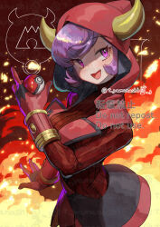  arm_at_side artist_name breasts courtney_(pokemon) cowlick dress female fire gloves hand_up holding holding_poke_ball hood hooded_vest hoodie horned_hood horns long_sleeves medium_breasts poke_ball poke_ball_(basic) pokemon pokemon_oras purple_eyes purple_hair red_hood ribbed_dress ribbed_sweater short_dress short_hair solo sweater twitter_username upper_body vest yamanashi_taiki 