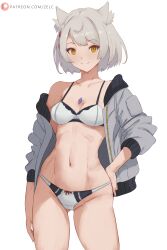  animal_ears ass_visible_through_thighs bra breasts cat_ears female grey_hair hand_on_own_hip highres jacket mio_(xenoblade) navel open_clothes open_jacket panties short_hair simple_background small_breasts solo two-tone_bra two-tone_panties underwear web_address white_background white_bra xenoblade_chronicles_(series) xenoblade_chronicles_3 zelc-face 