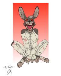  anthro bartek22 blood blood_on_clothing bodily_fluids clenched_teeth clothing crouching ears_up fur hole_in_pants insane insane_eyes lagomorph leporid looking_at_viewer male mammal mental_illness open_mouth rabbit rabbit_ears rabbit_feet rabbit_nose red_eyes restraints sharp_teeth solo straitjacket teeth tongue 