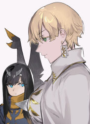  2girls black_hair blonde_hair blue_eyes blue_jacket breast_envy breasts bright_pupils cape circlet closed_mouth commentary_request earrings floating_earring frown girl_staring_at_guy&#039;s_chest_(meme) glaring gold_trim green_eyes jacket jewelry kubishoi_yuusha large_breasts leda_(kubishoi_yuusha) lightning_bolt-shaped_pupils long_hair looking_ahead looking_at_another meme multiple_girls pixie_cut short_hair shura_(kubishoi_yuusha) simple_background soosaresu symbol-shaped_pupils turtleneck turtleneck_jacket upper_body v-shaped_eyebrows very_short_hair white_background white_cape white_pupils 