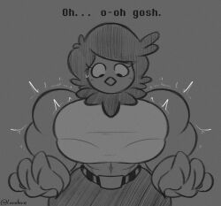  4_fingers anthro avian beak belt big_breasts bird bodily_fluids bottomwear bra_through_clothing breasts clothing eyelashes feathers female fingers grey_background hair hi_res huge_breasts lerntern looking_down martlet_(undertale_yellow) muscular muscular_female pants shirt short_hair simple_background solo sweat sweatdrop topwear undertale_yellow winged_arms wings 