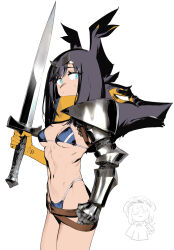  1boy :3 arm_at_side armor belt bikini black_hair blue_bikini blue_eyes breasts brown_belt chainmail character_request circlet clenched_hand commentary_request couter cowboy_shot doodle_inset drakeposting_(meme) female gauntlets gloves hand_up hat highres holding holding_sword holding_weapon kubishoi_yuusha long_hair looking_at_viewer looking_to_the_side medium_breasts meme mob_cap monster otoko_no_ko pauldrons rerebrace scarf severed_head shoulder_armor shura_(kubishoi_yuusha) simple_background single_gauntlet single_glove single_pauldron skinny solo_focus soosaresu standing swimsuit sword vambraces weapon white_background yellow_gloves yellow_scarf 