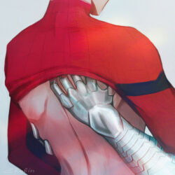  2boys bara bare_back close-up cute-electrocute english_commentary hand_on_another&#039;s_back iron_man male_focus marvel mechanical_arms multiple_boys shoulder_blades signature simple_background spider-man spider-man_(series) superhero_costume white_background yaoi 