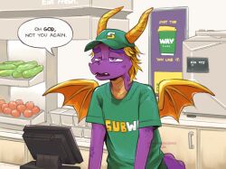  activision anthro billboard cashier clothing cucumber dragon english_text exhausted food fruit hi_res male mynameiscomic mythological_creature mythological_scalie mythology plant scalie solo speech_bubble spyro spyro_the_dragon subway_(restaurant) talking_to_another text tomato uniform 