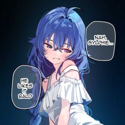  ahoge bare_shoulders blue_background blue_eyes blue_hair blush braid breasts collarbone commentary crossed_bangs dress english_text female gradient_background grin hair_between_eyes long_hair mushoku_tensei off-shoulder_dress off_shoulder roxy_migurdia short_sleeves simple_background small_breasts smile solo speech_bubble sydus symbol-only_commentary talking twin_braids upper_body very_long_hair white_dress 