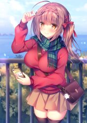  ahoge bag between_breasts black_thighhighs bow braid breasts brown_eyes brown_hair charm_(object) closed_mouth commentary_request commission cowboy_shot crown_braid female green_scarf hair_ribbon hairbow hand_up handbag holding holding_own_hair large_breasts long_hair original outdoors railing red_bow red_ribbon red_sweater ribbon scarf side_ponytail skeb_commission skin_tight sky smile solo sorai_shin&#039;ya standing strap_between_breasts sweater thighhighs zettai_ryouiki 