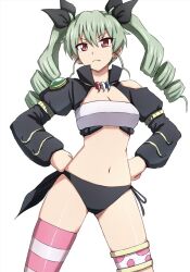  anchovy_(girls_und_panzer) bikini bikini_bottom_only black_bikini black_ribbon black_shirt closed_mouth clothing_cutout commentary cosplay cropped_shirt drill_hair female frown girls_und_panzer green_hair hair_ribbon hands_on_own_hips highres jewelry long_hair long_sleeves looking_at_viewer magatama magatama_necklace milim_nava milim_nava_(cosplay) navel necklace oerba_yun_fang omachi_(slabco) pink_thighhighs red_eyes ribbon shirt shoulder_cutout side-tie_bikini_bottom simple_background single_thighhigh solo standing striped_clothes striped_thighhighs swimsuit tensei_shitara_slime_datta_ken thighhighs thighlet twin_drills twintails white_background 