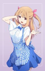  :d apron blue_bow blue_bowtie blue_skirt bow bowtie commentary_request dated female hair_ribbon highres looking_at_viewer moaru-chan_(nii_manabu) nii_manabu open_mouth orange_hair original pink_eyes pink_ribbon plaid_apron plaid_clothes ribbon shirt short_sleeves signature skirt smile solo white_shirt 