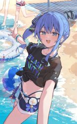  3girls :d absurdres asymmetrical_sidelocks ball beach beachball black_shirt blue_eyes blue_hair blue_nails blue_shorts blue_wristband blush breasts clothes_writing collarbone commentary_request day highres hololive hololive_summer_2023_swimsuit hoshimachi_suisei looking_at_viewer medium_hair multiple_girls nail_polish navel ocean official_alternate_costume open_mouth outdoors shirt short_sleeves shorts side_ponytail small_breasts smile solo_focus swim_ring t-shirt teeth tied_shirt tsukino_(nakajimaseiki) upper_teeth_only virtual_youtuber water_drop 