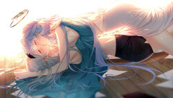  2girls backlighting black_skirt blue_hair blue_nails blue_shirt closed_eyes commentary cowgirl_position dress english_commentary firefly_(honkai:_star_rail) french_kiss grey_hair halo hand_on_another&#039;s_face hand_on_another&#039;s_shoulder hand_on_another&#039;s_waist hand_under_dress head_wings highres honkai:_star_rail honkai_(series) kissing leg_between_thighs long_hair midriff multiple_girls on_floor robin_(honkai:_star_rail) saliva shirt sieka_(piiroinardesco) skirt sleeveless sleeveless_dress tongue tongue_out white_dress wings wooden_floor yuri 