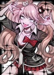  :p \m/ bear_hair_ornament black_choker black_necktie black_shirt blonde_hair bow breasts choker cleavage danganronpa:_trigger_happy_havoc danganronpa_(series) enoshima_junko guttari5 hair_ornament large_breasts legs_apart long_hair microskirt necktie red_bow red_nails red_skirt shirt skirt tongue tongue_out twintails white_necktie 