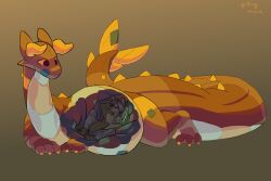  3:2 absurd_res anthro belly big_belly big_tail domestic_cat dragon duo felid feline felis hi_res male male/male mammal mythological_creature mythological_scalie mythology plushie safe_vore scalie stomach_bulge tail vore yelling_mouse 