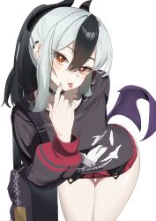  2026 5_fingers absurd_res back_wings bag bare_legs belt bent_arm bent_over black_choker black_clothing black_hair black_hoodie black_jewelry black_necklace black_topwear blue_archive blush bottomwear choker clothing demon demon_humanoid ear_piercing eyelid_pull female female_humanoid finger_on_face fingers flat_chested grey_hair hair hair_between_eyes hi_res hoodie horn horned_humanoid humanoid jewelry kayoko_(blue_archive) legs_together looking_at_viewer multicolored_hair necklace nexon not_furry piercing ponytail print_clothing red_bottomwear red_clothing red_eyes red_skirt saiba_potato simple_background single_wing skirt tongue tongue_out topwear white_background wings 