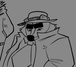  2026 accessory angry anthro badger beastly_crimes beastly_crimes_(2024) belly bencomedion big_belly biped chief_badger clothing eyebrows hat headgear headwear male mammal monochrome mustelid musteline necktie overweight overweight_male shirt simple_background solo standing thick_eyebrows topwear 