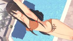  1girls 3d arms_up ayaecchi bare_arms bare_legs bare_shoulders big_breasts bikini boruto:_naruto_next_generations breasts brown_hair female female_only fully_clothed hyuuga_hanabi koikatsu lavender_eyes long_hair midriff naruto naruto:_the_last naruto_(series) petite petite_body ponytail pool poolside smaller_female solo solo_focus swimsuit tied_hair very_long_hair violet_eyes 