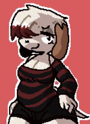  alternative_fashion anthro beagle belly big_belly big_breasts black_bottomwear black_clothing black_shorts bottomwear breasts brown_ears canid canine canis cleavage clothed clothing digital_media_(artwork) domestic_dog emo emo_haircut facial_piercing female fur hair hunting_dog mammal nose_piercing one_eye_obstructed overweight piercing pixel_(artwork) pugzysixtyfour red_hair roxy_boxen scent_hound shorts smug solo thick_thighs white_body white_fur 
