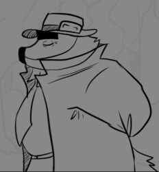  2026 accessory anthro badger beastly_crimes beastly_crimes_(2024) belly bencomedion biped chief_badger closed_eyes clothing hat headgear headwear male mammal monochrome mustelid musteline necktie overweight overweight_male shirt solo standing topwear 