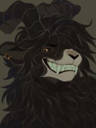  2024 2_horns anthro black_body black_eyebrows black_fur black_horn black_nose black_sclera bovid brown_body bust_portrait caprine caprine_demon demon digital_media_(artwork) ear_piercing eyebrows fangs fur glistening goat goat_demon grey_background grin hair hi_res horn looking_at_viewer male mammal mane neck_tuft noirekat piercing portrait ring_piercing sharp_teeth simple_background smile snout solo teeth tuft yellow_eyes 