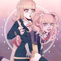  2girls :d :o bear_hair_ornament black_choker black_jacket black_thighhighs blonde_hair blunt_bangs breasts brown_hair brown_skirt choker cleavage collared_shirt danganronpa:_trigger_happy_havoc danganronpa_(series) danganronpa_2:_goodbye_despair dress_shirt enoshima_junko ghost hair_ornament highres jacket leslie_(leslovedraws) medium_breasts miniskirt multicolored_background multiple_girls nail_polish nanami_chiaki neck_ribbon no_hair_ornament open_clothes open_jacket pink_ribbon pleated_skirt red_nails ribbon second-party_source shirt skirt smile teeth thighhighs twintails upper_teeth_only white_shirt 