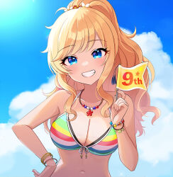  anniversary bangle bare_shoulders bikini blonde_hair blue_eyes blush bracelet breasts cleavage collarbone earrings female flag flower_earrings front-tie_bikini_top front-tie_top grin hand_on_own_hip head_tilt high_ponytail holding holding_flag idolmaster idolmaster_cinderella_girls idolmaster_cinderella_girls_starlight_stage jewelry long_hair looking_at_viewer medium_breasts multicolored_bikini multicolored_clothes navel necklace ohtsuki_yui open_mouth ponytail rainbow_bikini sakura_ran sidelocks sky smile solo sunlight swept_bangs swimsuit upper_body wavy_hair 