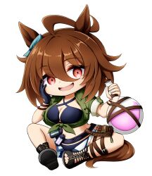  :d agnes_tachyon_(lunatic_lab)_(umamusume) agnes_tachyon_(umamusume) ahoge animal_ears bikini bikini_under_clothes black_bikini black_footwear black_gloves blue_shorts boots breasts brown_hair chibi cleavage collared_shirt female flask gloves green_shirt hair_between_eyes hand_on_own_face hands_up holding horse_ears horse_girl horse_tail kuena looking_at_viewer medium_breasts open_clothes open_fly open_shorts red_eyes round-bottom_flask shirt short_shorts short_sleeves shorts simple_background single_glove sitting smile solo swimsuit tail tied_shirt toeless_footwear umamusume white_background 