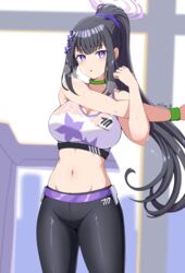  athletics_training_club_(blue_archive) bangs bare_shoulders big_breasts black_hair blue_archive breasts breath choker cleavage collarbone cowboy_shot crop_top eyebrows_visible_through_hair female green_choker hair_ornament hair_scrunchie halo heavy_breathing highres huge_breasts large_breasts long_hair looking_at_viewer midriff millennium_science_school_logo_(blue_archive) millennium_science_school_student muscular muscular_female navel pants parted_lips ponytail public purple_eyes reia_76 scrunchie sidelocks solo sports_bra standing stomach stretch sumire_(blue_archive) sweat sweaty_clothes very_long_hair visible_breath 