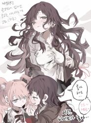  2girls alternate_costume black_choker black_hair blush breasts choker closed_mouth danganronpa:_trigger_happy_havoc danganronpa_(series) danganronpa_2:_goodbye_despair enoshima_junko highres holding ko1_(dkeow11) large_breasts long_hair multiple_girls red_nails shirt smile speech_bubble sweat translation_request tsumiki_mikan twintails white_background white_shirt yuri 