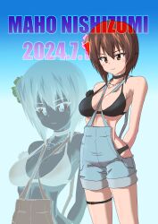  absurdres arms_behind_back between_breasts bikini black_bikini black_choker blue_background blue_overalls breasts brown_eyes brown_hair character_name choker closed_mouth commentary dated drops_mint female flower girls_und_panzer hair_flower hair_ornament halterneck highres jewelry looking_at_viewer medium_breasts necklace nishizumi_maho overall_shorts overalls short_hair smile solo standing swimsuit thigh_strap zoom_layer 