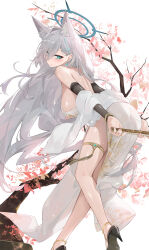  animal_ear_fluff animal_ears backless_dress backless_outfit blue_archive blush breasts bright_pupils china_dress chinese_clothes commentary_request cross dema_hmw dress elbow_gloves extra_ears female gloves halo hand_fan high_heels highres holding holding_fan inverted_cross large_breasts long_hair looking_at_viewer shiroko_(blue_archive) shirt simple_background sleeveless sleeveless_dress smile solo thigh_strap white_pupils white_shirt wolf_ears 