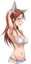  absurdres animal_ears bikini blush breasts cleavage female highres large_breasts long_hair looking_at_viewer minna-dietlinde_wilcke navel open_mouth rafale red_eyes red_hair simple_background smile solo strike_witches swimsuit white_background white_bikini wolf_ears world_witches_series 