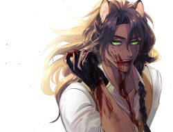  1boy animal_ears blood blood_on_chest blood_on_clothes blood_on_face blood_on_hands braid brown_hair commentary_request green_eyes leona_kingscholar licking_lips lion_boy lion_ears long_hair looking_at_viewer male_focus night_raven_college_uniform redrabbit44 scar scar_across_eye school_uniform simple_background slit_pupils solo tongue tongue_out twin_braids twisted_wonderland upper_body vest white_background 