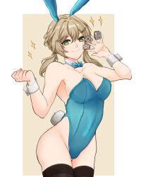  alternate_breast_size alternate_costume animal_ears aqua_bow aqua_bowtie aqua_leotard bare_arms bare_shoulders black_thighhighs bow bowtie breasts collarbone covered_navel cowboy_shot detached_collar fake_animal_ears fake_tail female green_eyes hair_between_eyes hair_ornament hairclip highleg highleg_leotard highres holding holding_mahjong_tile honkai:_star_rail honkai_(series) large_breasts leotard light_brown_hair long_hair mahjong_tile playboy_bunny qingque_(honkai:_star_rail) rabbit_ears rabbit_tail sierra117renner smile solo strapless strapless_leotard tail thighhighs twintails wrist_cuffs 