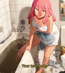  1boy :d absurdres barefoot bathtub boku_no_hero_academia breasts english_commentary faucet female grey_footwear hair_between_eyes hatsume_mei highres khyle. large_breasts long_hair looking_at_viewer midoriya_izuku naked_towel open_mouth pink_hair shadow shoes smile standing towel water wrench yellow_eyes 