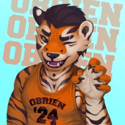  anthro artist_name athletic athletic_male black_hair countershading dj_(obrien) eyebrow_slit eyebrows felid fur hair jersey male mammal markings obrien_(artist) one_eye_closed orange_body pantherine simple_background slicked_back_hair striped_markings stripes text tiger wink 