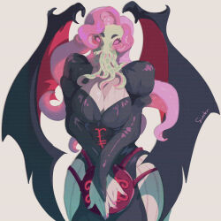  absurdres black_dress breasts cthulhu cthulhu_mythos dress female highres large_breasts ln&#039;eta long_hair mouth_with_tentacles pantyhose pink_eyes pink_hair solo squid_girl sucker_for_love sunder-art tentacle_hair white_pantyhose 