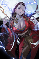  absurdres bigroll black_hair black_myth:_wukong black_nails bow breasts brown_bow chinese_clothes dress earrings facial_tattoo female gold_earrings grey_eyes highres jewelry kang-jin_star_(black_myth:_wukong) large_breasts long_hair looking_at_viewer mole mole_on_breast mole_under_eye pale_skin red_dress solo tattoo wide_sleeves 