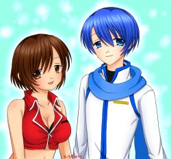  1boy artist_name bare_shoulders blue_eyes blue_hair blue_scarf breasts brown_eyes brown_hair cleavage closed_mouth coat cropped_shirt female kaito_(vocaloid) kigidere light_smile long_sleeves looking_at_viewer medium_breasts meiko_(vocaloid) open_mouth red_shirt scarf shirt short_hair signature sleeveless sleeveless_shirt smile upper_body vocaloid white_coat zipper_pull_tab 