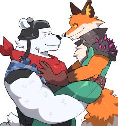  anthro bear blush canid canine carrying_another carrying_partner duo epic_games eye_contact fennix_(fortnite) fortnite fox fur hi_res holding_(disambiguation) hug looking_at_another male male/male mammal orange_body orange_fur polar_bear polar_patroller smile sparklesart_2 ursine white_body white_fur 