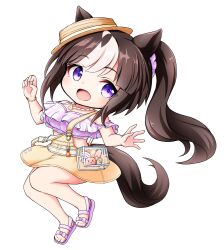  :d animal_ears bare_shoulders breasts brown_hair brown_skirt chibi female floating_hair frilled_shirt frills full_body hair_ornament hair_scrunchie hands_up hokko_tarumae_(pastel_marine_locadol)_(umamusume) hokko_tarumae_(umamusume) horse_ears horse_girl horse_tail kuena long_hair looking_at_viewer medium_breasts multicolored_hair off-shoulder_shirt off_shoulder plaid_clothes plaid_shirt ponytail purple_eyes purple_footwear sandals scrunchie shirt simple_background skirt smile solo suspender_skirt suspenders tail two-tone_hair umamusume very_long_hair white_background white_hair 